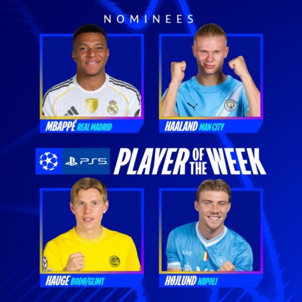 欧冠本周最好球员候选：姆巴佩、哈兰德、海于格、霍伊伦