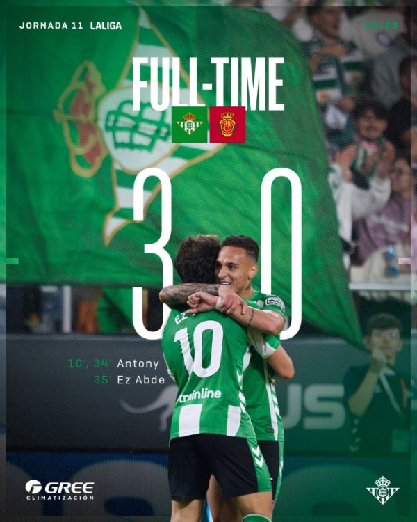 2射1传利用球场！安东尼当选贝蒂斯vs马洛卡全场最好球员