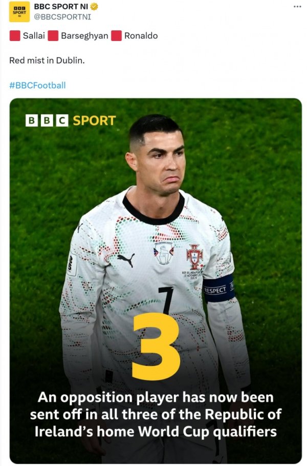 爱尔兰本届世初赛三个主场王人有对方球员拿红牌，C罗是其中第三东谈主